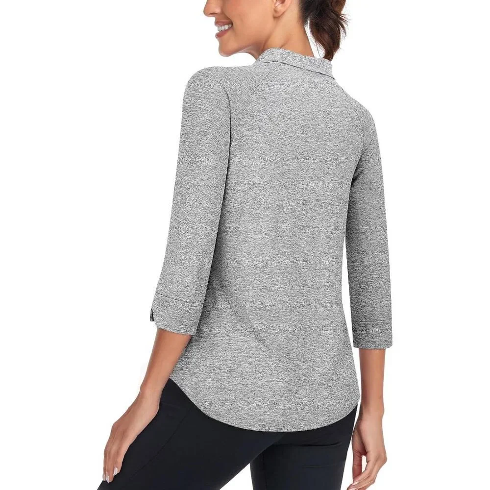 Womens Golf Shirt Polyester UV Protection 3/4 Sleeve Workout Tennis Tops - Picture 2 of 5